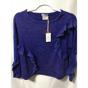 Poof! Size small top with ruffles. NWT. Pretty shiny blue.
